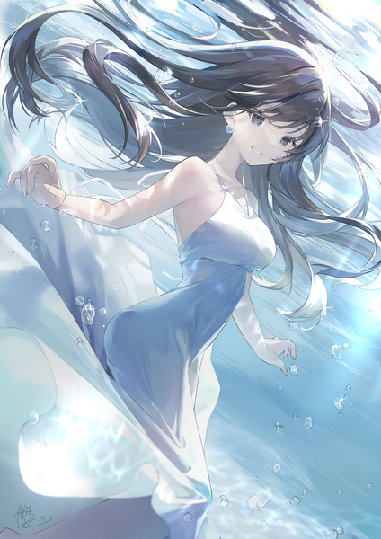 Anime picture 2121x3000 with original kagachi saku single long hair tall image looking at viewer fringe highres smile bare shoulders signed parted lips grey hair grey eyes sleeveless floating hair spread arms underwater girl dress