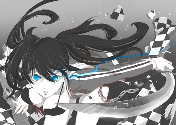 Anime picture 2800x2000 with black rock shooter black rock shooter (character) miso ni long hair looking at viewer highres breasts blue eyes light erotic black hair twintails girl weapon swimsuit bikini sword katana chain
