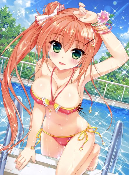 Anime picture 2535x3429 with original ameto yuki single long hair tall image looking at viewer blush fringe highres breasts open mouth light erotic smile hair between eyes large breasts standing bare shoulders green eyes payot sky
