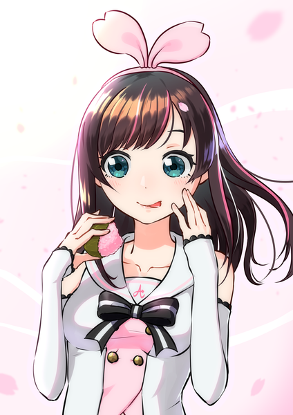 Anime picture 1240x1754 with virtual youtuber a.i. channel kizuna ai nule3309 single long hair tall image looking at viewer blush fringe breasts brown hair bare shoulders holding upper body multicolored hair aqua eyes streaked hair girl dress