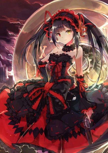 Anime picture 1319x1866 with date a live tokisaki kurumi wawako mama single long hair tall image looking at viewer breasts red eyes large breasts standing twintails bare shoulders holding yellow eyes sky cloud (clouds) light smile wide sleeves heterochromia