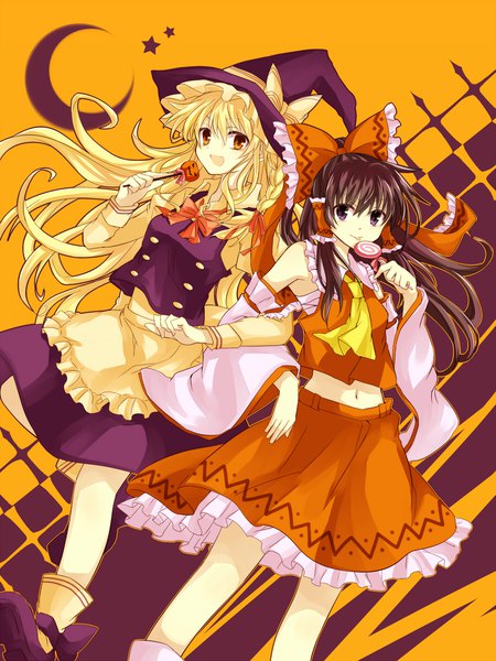 Anime picture 1500x2000 with touhou hakurei reimu kirisame marisa tm-pika long hair tall image looking at viewer open mouth blonde hair brown hair multiple girls brown eyes bare belly orange eyes halloween :p girl skirt bow 2 girls