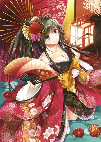 Anime picture 2131x3000 with original eshi 100-nin ten nakajima yuka single long hair tall image looking at viewer blush fringe highres breasts blue eyes black hair cleavage ponytail traditional clothes japanese clothes fingernails scan wide sleeves