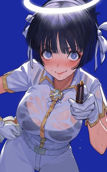 Anime picture 910x1450 with helltaker azazel (helltaker) ekao single tall image looking at viewer blush fringe short hair breasts blue eyes light erotic black hair simple background large breasts standing holding blunt bangs short sleeves sweat
