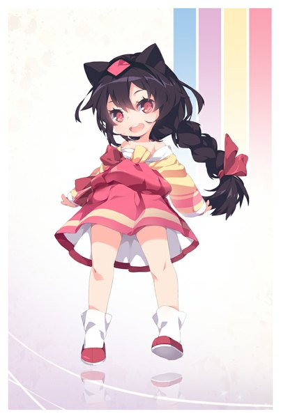 Anime picture 688x1024 with mahz (artist) single long hair tall image looking at viewer fringe open mouth black hair smile red eyes animal ears cat ears loli happy reflection girl dress bow hair bow