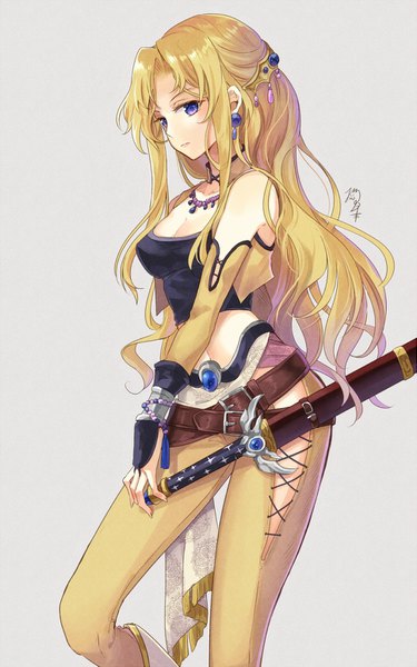 Anime picture 967x1546 with final fantasy final fantasy vi square enix celes chere nekozuki yuki single long hair tall image looking at viewer fringe breasts blue eyes blonde hair simple background standing payot looking away cleavage grey background midriff