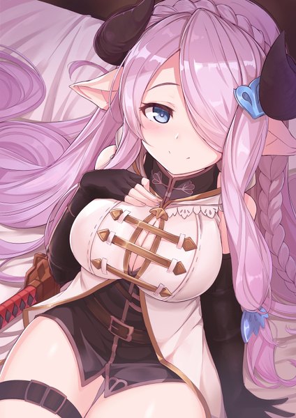 Anime picture 2480x3508 with granblue fantasy narmaya (granblue fantasy) j young single long hair tall image looking at viewer blush fringe highres breasts blue eyes light erotic smile sitting bare shoulders pink hair cleavage braid (braids) horn (horns)