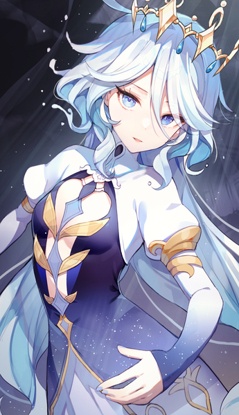 Anime picture 1811x3150 with genshin impact focalors (genshin impact) misyune single long hair tall image looking at viewer highres open mouth blue eyes smile standing silver hair ahoge long sleeves nail polish blue nail polish spoilers girl dress