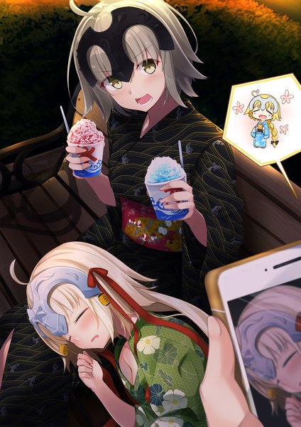 Anime picture 1414x2000 with fate (series) fate/grand order jeanne d'arc (fate) (all) jeanne d'arc alter (fate) jeanne d'arc (fate) jeanne d'arc alter santa lily (fate) sasahara wakaba long hair tall image looking at viewer blush fringe short hair open mouth blonde hair sitting multiple girls holding silver hair ahoge