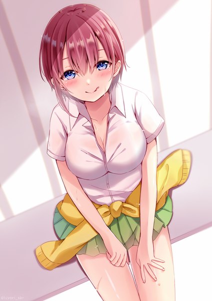Anime picture 773x1093 with go-toubun no hanayome nakano ichika sakura hiyori single tall image looking at viewer blush fringe short hair breasts blue eyes light erotic hair between eyes large breasts sitting cleavage red hair pleated skirt from above wet clothes