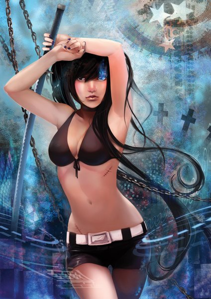 Anime picture 2480x3508 with black rock shooter black rock shooter (character) kahira (artist) single long hair tall image highres blue eyes black hair twintails realistic glowing scar glowing eye (eyes) girl weapon sword shorts chain bikini top