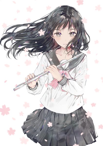 Anime picture 740x1047 with original dangmill single long hair tall image looking at viewer black hair simple background standing white background holding pleated skirt wind grey eyes girl skirt uniform flower (flowers) serafuku black skirt