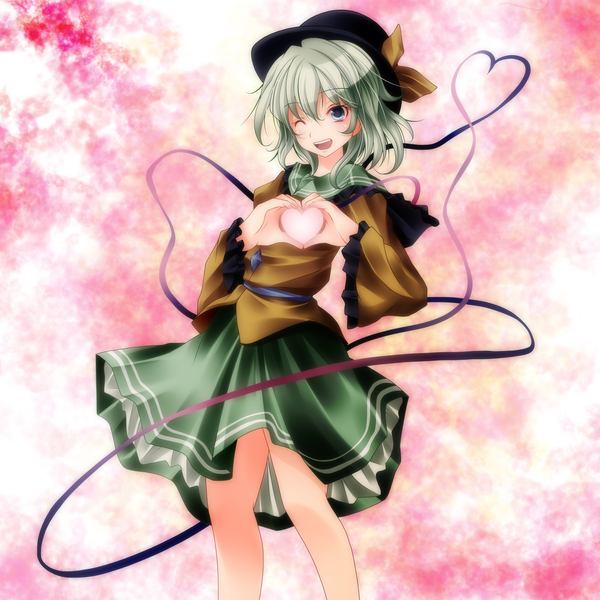 Anime picture 1500x1500 with touhou komeiji koishi s-syogo single short hair open mouth blue eyes one eye closed green hair wink heart hands heart of string girl dress hat heart