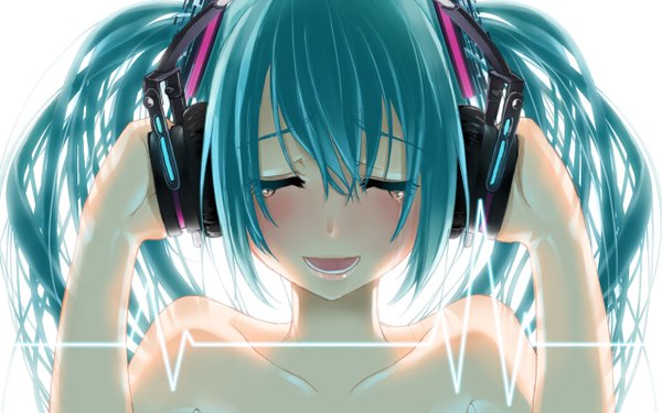 Anime picture 1280x800 with vocaloid hatsune miku single long hair open mouth simple background wide image white background twintails bare shoulders eyes closed aqua hair crying girl headphones