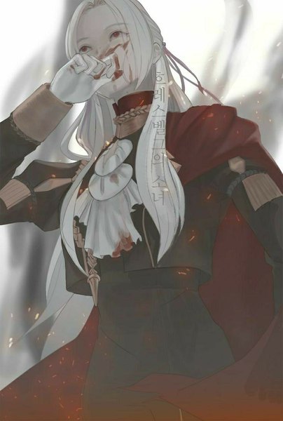 Anime picture 736x1092 with fire emblem fire emblem: three houses nintendo edelgard von hresvelg actavillain (o qsu) single long hair tall image red eyes standing payot looking away white hair long sleeves puffy sleeves text hieroglyph covering hand to mouth blood on face