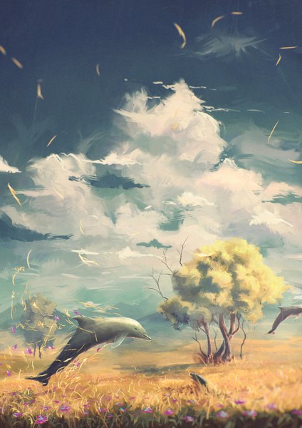 Anime picture 2200x3113 with original sylar113 tall image highres sky cloud (clouds) outdoors sunlight mountain no people sunbeam field flower (flowers) plant (plants) animal tree (trees) dolphin