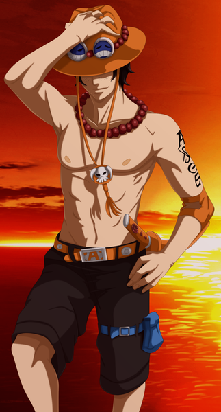 Anime picture 1000x1858 with one piece toei animation portgas d. ace flowerinhell single tall image short hair black hair smile standing bare shoulders sky cloud (clouds) nipples horn (horns) inscription tattoo character names evening sunset