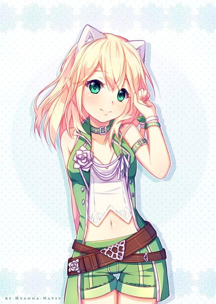 Anime picture 683x960 with original hyanna-natsu single long hair tall image looking at viewer blush fringe blonde hair hair between eyes bare shoulders green eyes signed animal ears arm up light smile cat ears bare belly thigh gap arm behind back