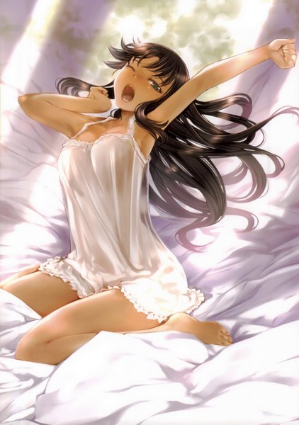 Anime picture 2425x3449 with fate (series) fate/stay night type-moon toosaka rin mikazuki akira single long hair tall image looking at viewer fringe highres breasts open mouth blue eyes light erotic black hair sitting bare shoulders bent knee (knees) one eye closed