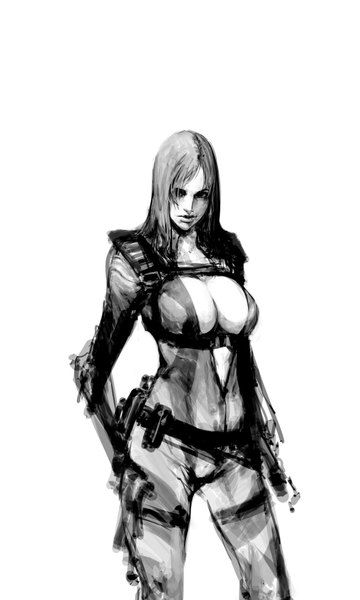 Anime picture 1133x1890 with resident evil jill valentine ikeda masateru single long hair tall image breasts light erotic blonde hair large breasts standing black eyes monochrome girl weapon