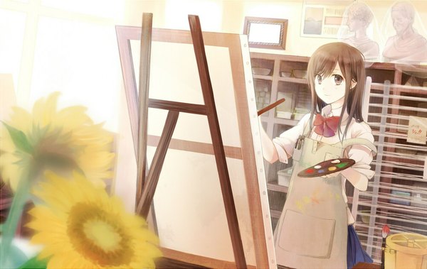 Anime picture 1000x633 with original usui (tripcube) single long hair brown hair brown eyes upper body strap slip girl flower (flowers) bowtie apron sunflower paintbrush paint art brush palette easel canvas (object)