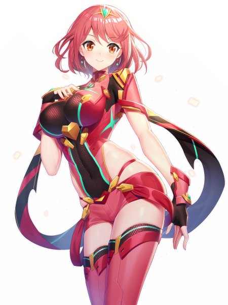 Anime picture 900x1200 with xenoblade xenoblade 2 pyra (xenoblade) ririko (zhuoyandesailaer) single tall image looking at viewer blush fringe short hair breasts light erotic simple background smile hair between eyes large breasts standing white background red hair orange eyes
