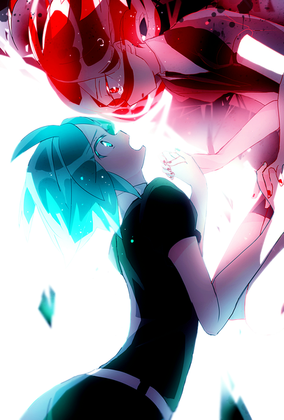 Anime picture 698x1031 with houseki no kuni phosphophyllite cinnabar (houseki no kuni) hiiragi fuyuki long hair tall image short hair open mouth red eyes red hair nail polish profile aqua eyes aqua hair short sleeves tears holding hands face to face eye contact androgynous