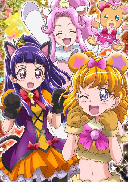 Anime picture 907x1280 with precure mahou girls precure! toei animation asahina mirai izayoi riko hanami kotoha mofurun (mahou girls precure!) ha-chan (mahou girls precure!) hanzou long hair tall image looking at viewer blush fringe short hair open mouth blonde hair smile purple eyes multiple girls