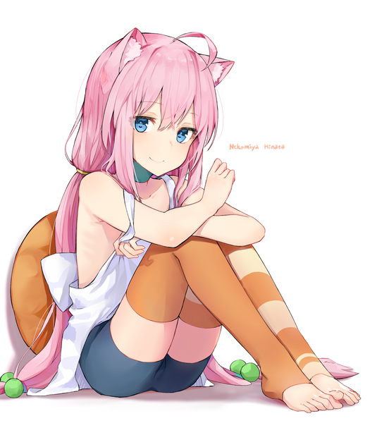 Anime picture 1879x2106 with virtual youtuber hinata channel nekomiya hinata black cola single tall image looking at viewer fringe highres blue eyes smile hair between eyes sitting twintails bare shoulders animal ears pink hair full body ahoge very long hair