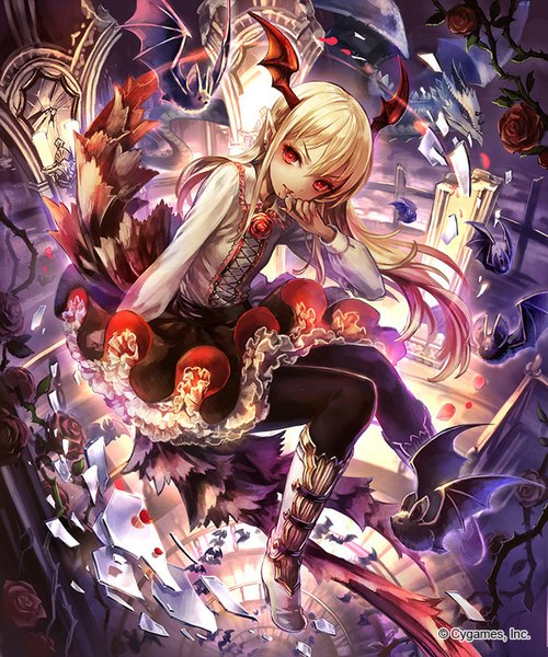 Anime picture 667x800 with shingeki no bahamut ma yo ko single long hair tall image blonde hair red eyes indoors nail polish multicolored hair fingernails gradient hair eyebrows head wings frilly skirt licking weightlessness broken glass girl skirt