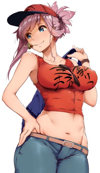 Anime picture 1400x2400 with fate (series) fate/grand order miyamoto musashi (fate) tokiwa midori (kyokutou funamushi) single tall image fringe short hair breasts blue eyes light erotic large breasts standing white background bare shoulders holding payot looking away ponytail bare belly