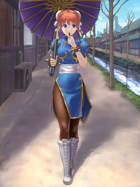 Anime picture 750x1000 with gintama street fighter sunrise (studio) capcom kagura (gintama) chun-li ho den keiji tall image looking at viewer fringe short hair breasts blue eyes hair between eyes holding payot sky cloud (clouds) full body outdoors