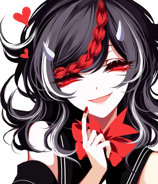Anime picture 1200x1400 with touhou kijin seija sheya single long hair tall image looking at viewer open mouth black hair simple background smile red eyes white background white hair red hair nail polish head tilt multicolored hair horn (horns) streaked hair