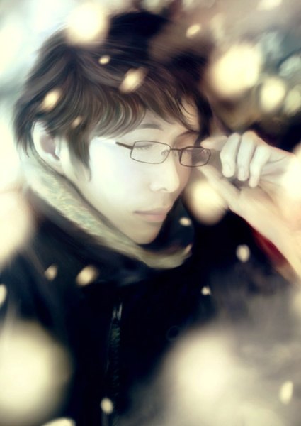 Anime picture 1024x1446 with tagme (artist) tall image short hair brown hair eyes closed face boy glasses coat