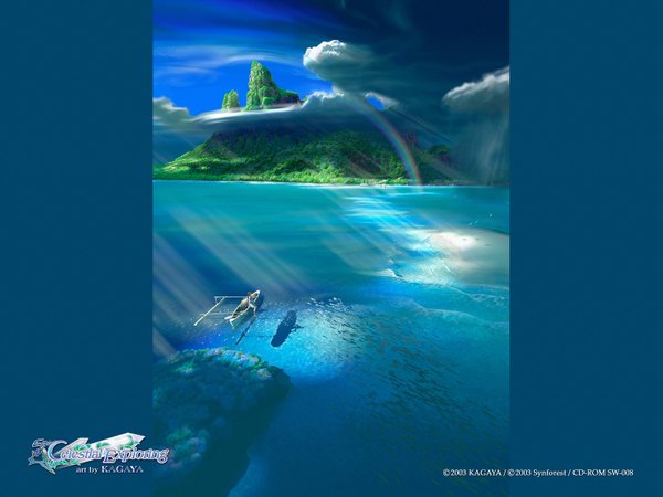 Anime picture 1600x1200 with kagaya cloud (clouds) sunlight landscape 3d water sea watercraft rainbow boat