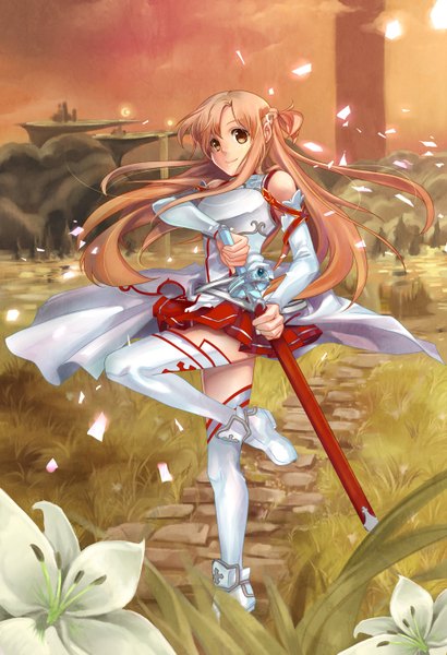Anime picture 1024x1497 with sword art online a-1 pictures yuuki asuna lucidsky single long hair tall image looking at viewer blonde hair smile bare shoulders brown eyes sky cloud (clouds) girl thighhighs flower (flowers) weapon detached sleeves white thighhighs