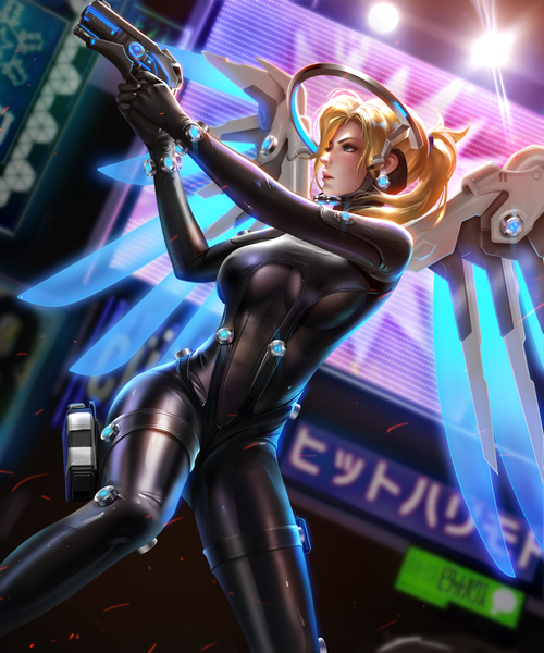 イラスト 3000x3600 と ガンツ オーバーウォッチ blizzard entertainment ゴンゾ mercy (overwatch) 梁星 ソロ 長身像 前髪 highres 短い髪 おっぱい 青い目 light erotic 金髪 立つ holding looking away bent knee (knees) outdoors