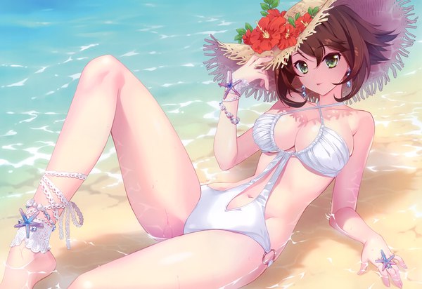 Anime picture 4219x2903 with kantai collection mutsu battleship carnelian single looking at viewer fringe highres short hair breasts light erotic hair between eyes brown hair large breasts bare shoulders green eyes payot absurdres full body bent knee (knees) barefoot