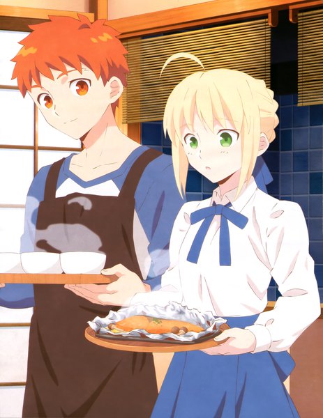 Anime picture 3156x4083 with fate (series) emiya-san chi no kyou no gohan artoria pendragon (all) saber emiya shirou tall image fringe highres short hair breasts blonde hair smile standing holding green eyes payot looking away absurdres ahoge upper body