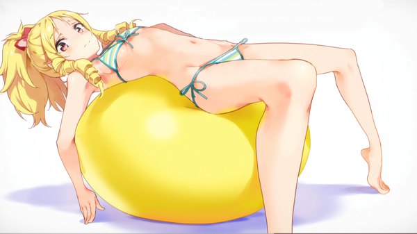 Anime picture 2445x1376 with eromanga sensei a-1 pictures yamada elf tiv single long hair looking at viewer blush fringe highres breasts light erotic simple background blonde hair red eyes wide image white background payot bent knee (knees) ponytail