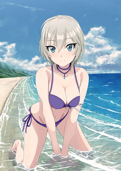 Anime picture 708x1000 with idolmaster idolmaster cinderella girls anastasia (idolmaster) inoshira single tall image looking at viewer blush fringe short hair breasts blue eyes light erotic smile hair between eyes bare shoulders sky silver hair cloud (clouds) barefoot