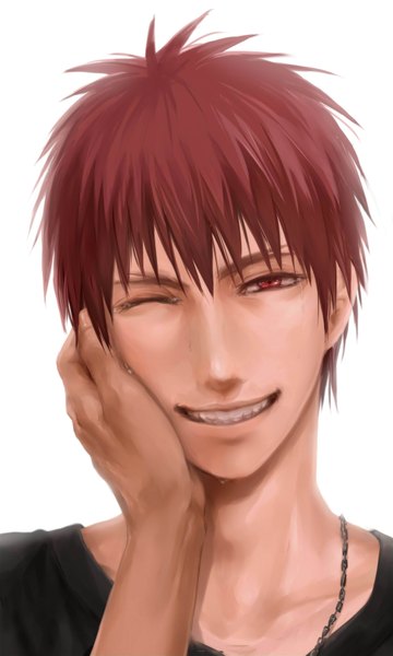 Anime picture 1200x2000 with kuroko no basket production i.g kagami taiga tosetsuna single tall image short hair smile red eyes white background red hair one eye closed wink teeth tears crying hand on face boy choker