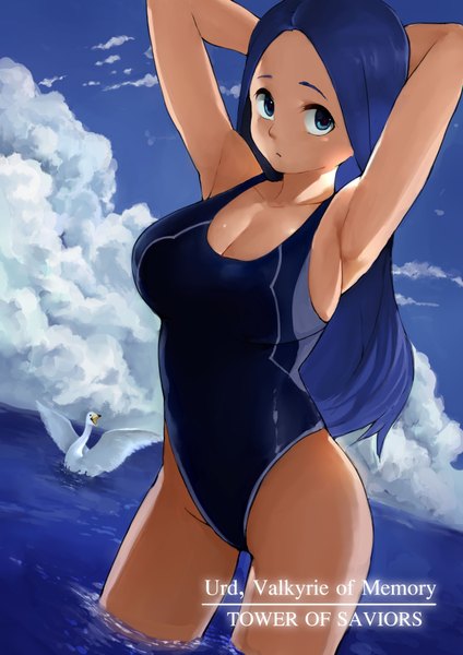 Anime picture 2480x3508 with tower of saviors 1235 single long hair tall image looking at viewer highres breasts blue eyes light erotic blue hair sky cloud (clouds) inscription armpit (armpits) huge breasts girl swimsuit sea one-piece swimsuit
