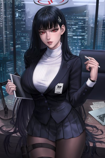 Anime-Bild 2000x3000 mit blue archive rio (blue archive) sciamano240 single long hair tall image looking at viewer fringe highres breasts black hair red eyes large breasts sitting holding signed indoors blunt bangs long sleeves parted lips