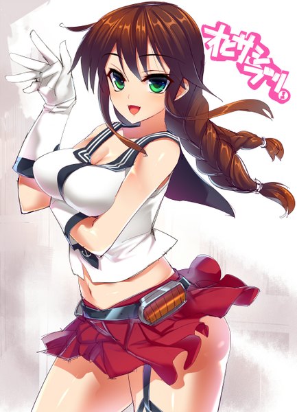 Anime picture 1000x1386 with kantai collection noshiro light cruiser dragonmaterial single long hair tall image looking at viewer breasts open mouth light erotic brown hair green eyes braid (braids) girl skirt gloves miniskirt sailor suit