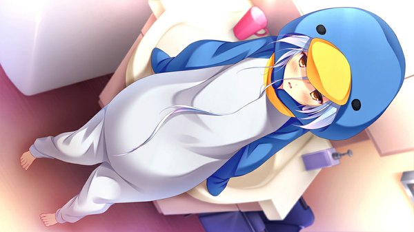 Anime picture 1024x576 with kanojo ga ore ni kureta mono. ore ga kanojo ni ageru mono. nabekane tsubasa shiratama (shiratamaco) single long hair blush open mouth wide image brown eyes game cg silver hair barefoot from above dutch angle girl animal bird (birds) bathroom penguin animal costume