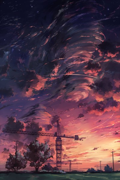 Anime picture 1000x1500 with original huanxiang huifeng tall image sky cloud (clouds) evening sunset no people scenic plant (plants) tree (trees) pole crane