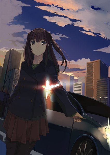 Anime picture 1200x1696 with original kagematsuri long hair tall image black hair brown eyes sky cloud (clouds) city evening sunset cityscape girl skirt building (buildings) ground vehicle car