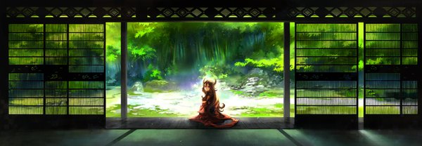 Anime picture 2000x696 with kajimiya (kaji) long hair highres smile brown hair wide image japanese clothes pink eyes horn (horns) long image girl plant (plants) tree (trees) kimono forest drummania