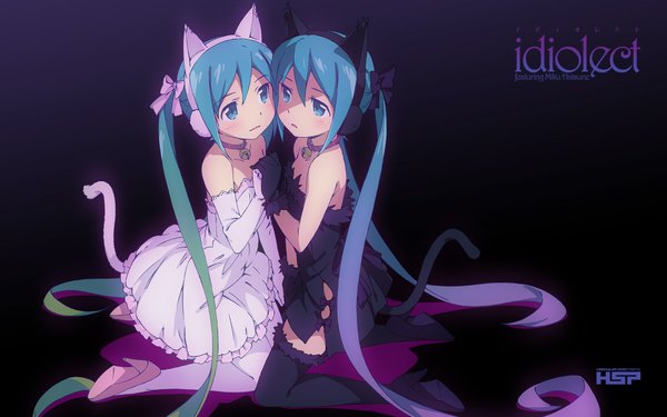 Anime picture 1920x1200 with vocaloid hatsune miku kanzaki hiro long hair blush highres blue eyes wide image sitting twintails bare shoulders multiple girls animal ears tail cat ears aqua hair inscription cat tail zettai ryouiki girl